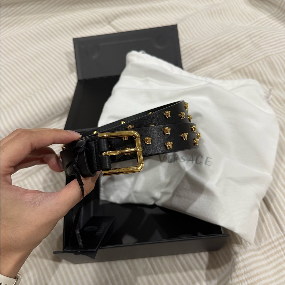 Versace Women's Belt in Black with Gold Medusa Accents